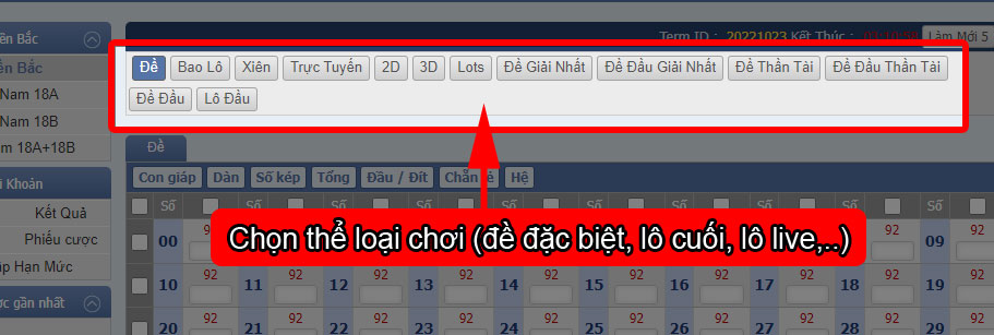 Chọn loại chơi (đề, lô, trực tuyến,...)