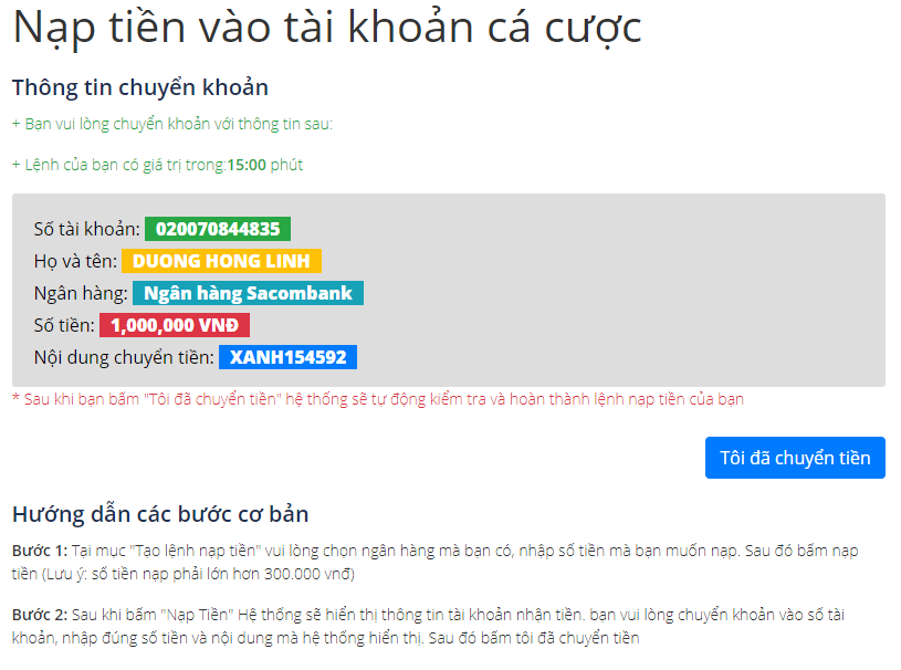 Chuyển tiền vào tài khoản ngân hàng đại lý Bong88