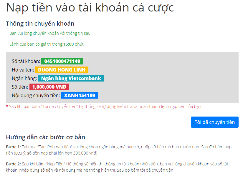 Chuyển tiền vào tài khoản ngân hàng Bong88