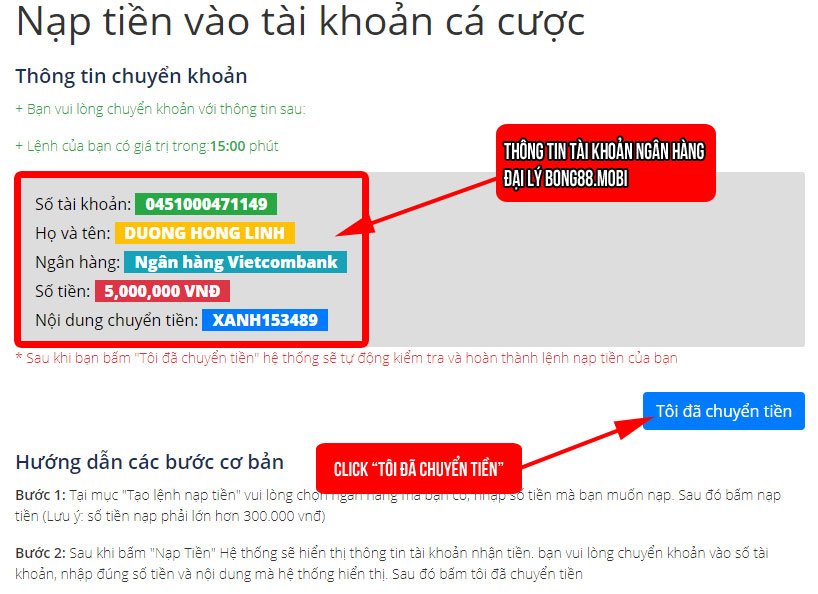 Chuyển tiền vào tài khoản ngân hàng đại lý Bong88