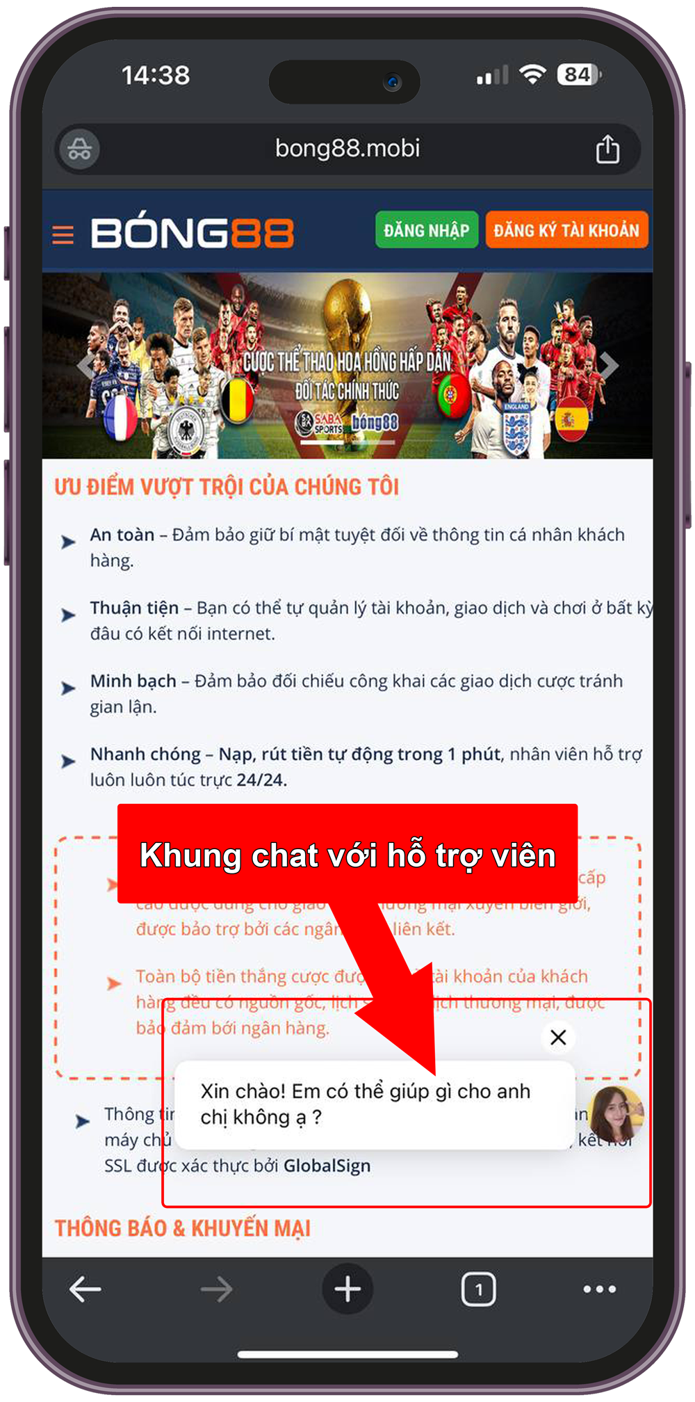 Khung chat hỗ trợ viên